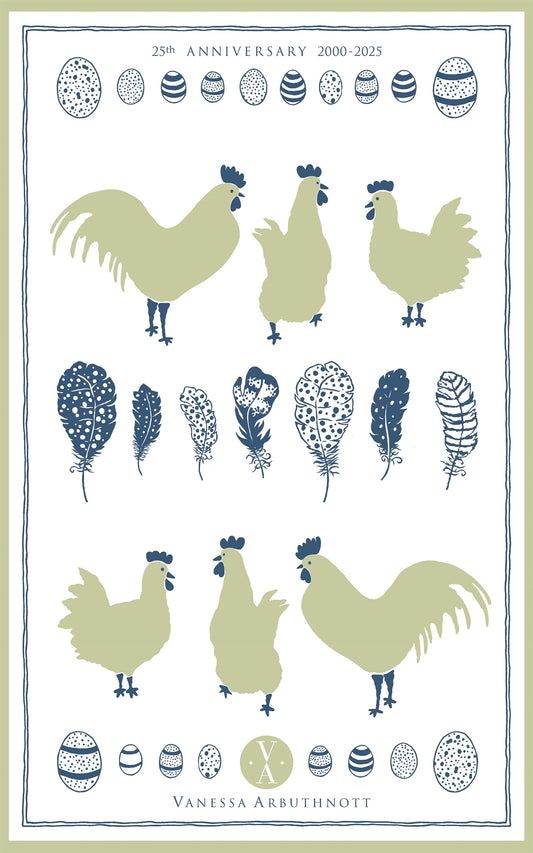 Anniversary Tea Towel - Cockerels, Hens & Eggs