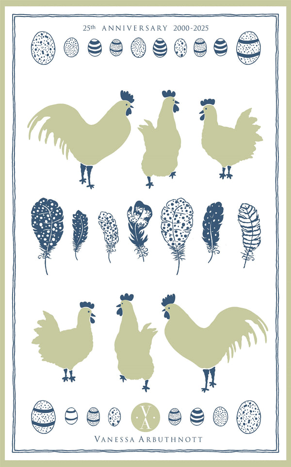 Anniversary Tea Towel - Cockerels, Hens & Eggs