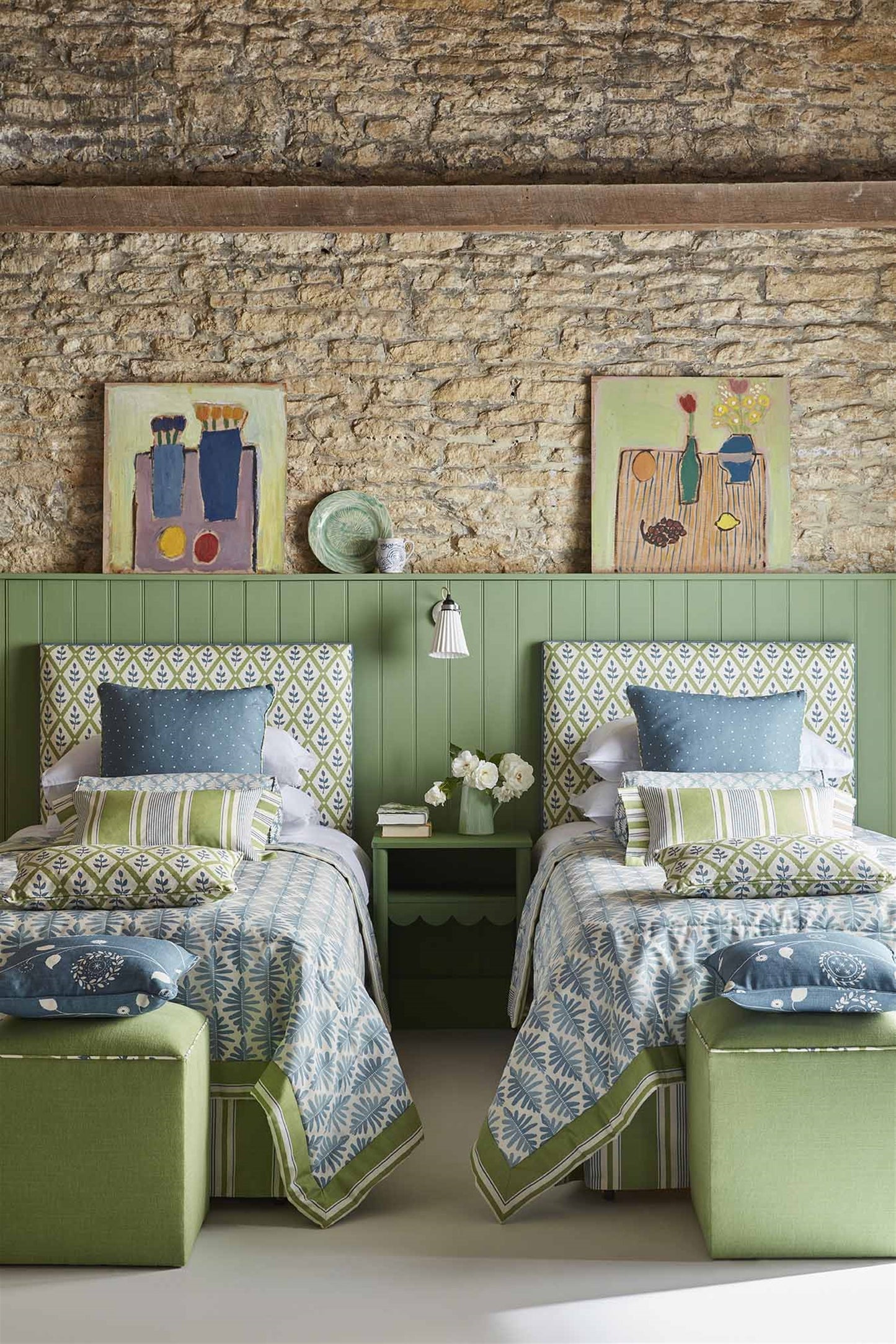French Ticking - Moss, Cornflower