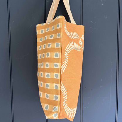 Tote Bag - Dotty Check, Light Ochre, Ochre, Smoke and Up the garden path, Day Lily