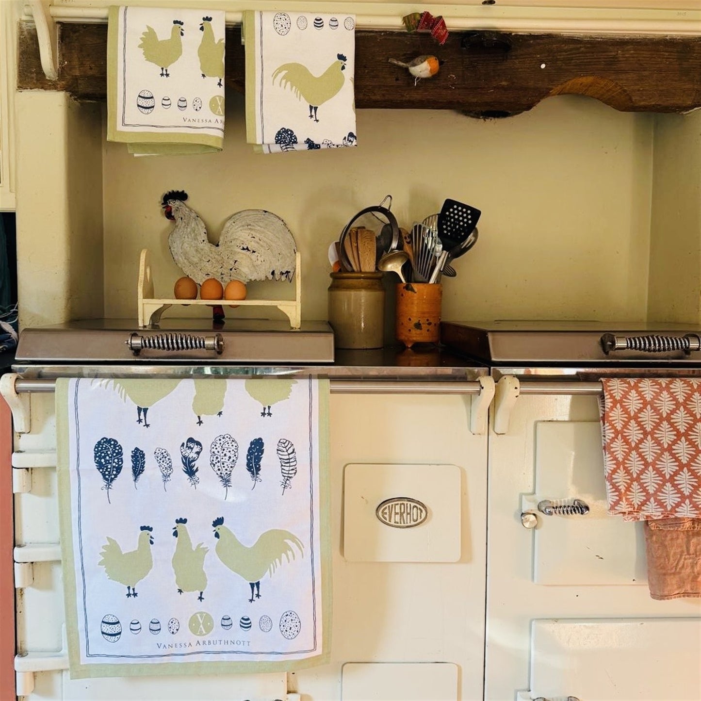 Anniversary Tea Towel - Cockerels, Hens & Eggs