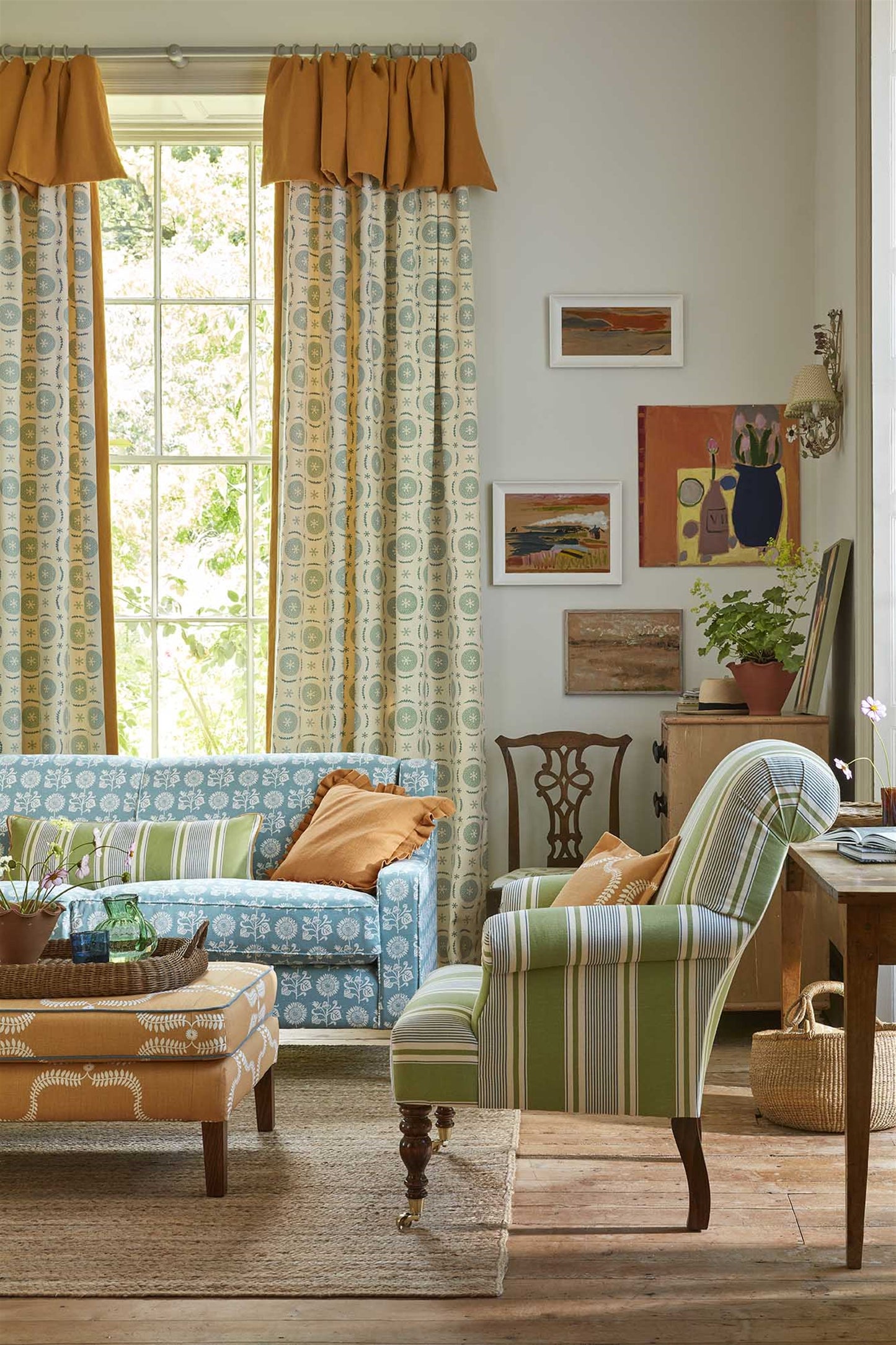 French Ticking - Moss, Cornflower